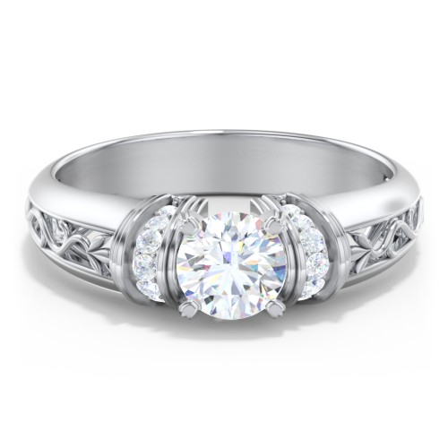 Vintage Solitaire Engagement Ring with Shoulder Accents and Sculptural Band – 14K White Gold with Diamond