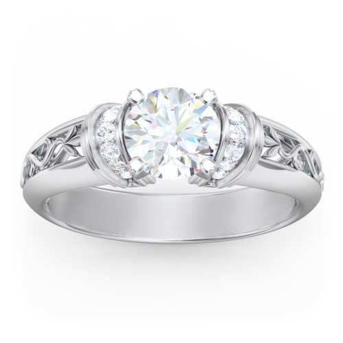 Vintage Solitaire Engagement Ring with Shoulder Accents and Sculptural Band – 14K White Gold with Diamond