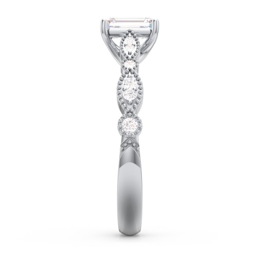 Vintage Diamond Ring with Milgrain Leaves and Accents – 14K White Gold with Lab Diamond