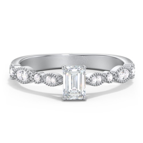 Vintage Diamond Ring with Milgrain Leaves and Accents – 14K White Gold with Lab Diamond