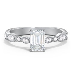 Vintage Diamond Ring with Milgrain Leaves and Accents – 14K White Gold with Lab Diamond