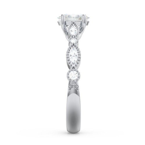 Vintage Diamond Ring with Milgrain Leaves and Accents – 14K White Gold with Lab Diamond