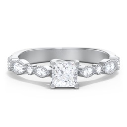 Vintage Diamond Ring with Milgrain Leaves and Accents