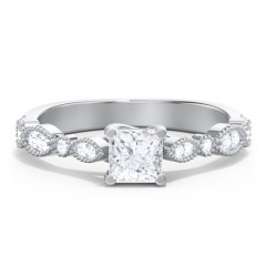 Vintage Diamond Ring with Milgrain Leaves and Accents – 14K White Gold with Lab Diamond