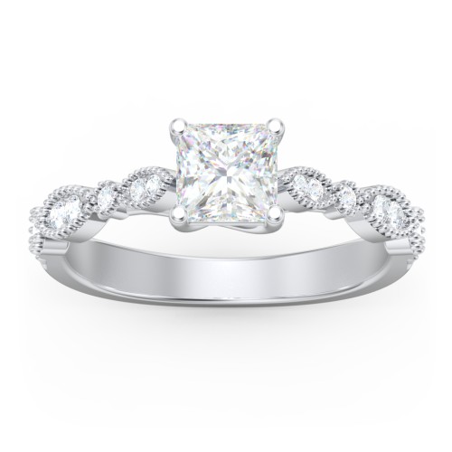 Vintage Diamond Ring with Milgrain Leaves and Accents – 14K White Gold with Lab Diamond
