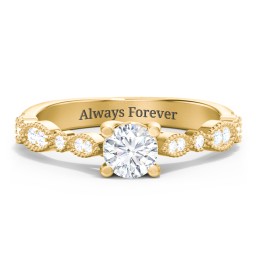 Vintage Diamond Ring with Milgrain Leaves and Accents in 10K Solid Yellow Gold with 04LABDIAM-RD-0.50-VS2-F-VG and Lab Diamond