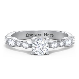 Vintage Diamond Ring with Milgrain Leaves and Accents