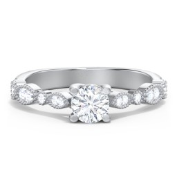 Vintage Diamond Ring with Milgrain Leaves and Accents