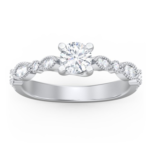 Vintage Diamond Ring with Milgrain Leaves and Accents – 14K White Gold with Lab Diamond
