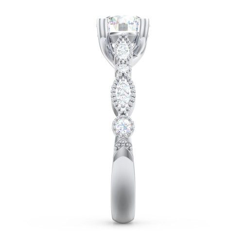 Vintage Diamond Ring with Milgrain Leaves and Accents – 14K White Gold with Lab Diamond