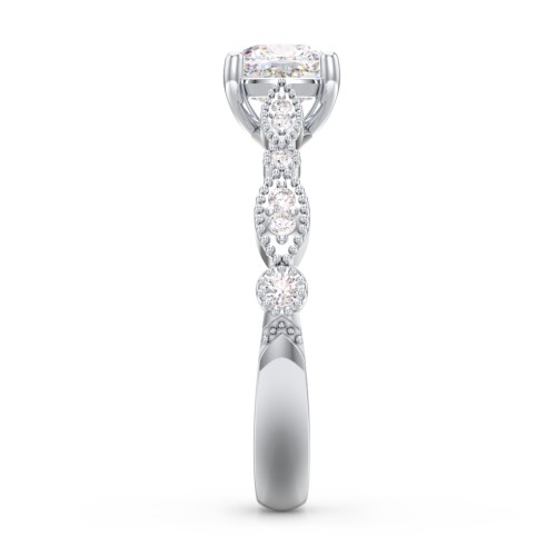 Vintage Diamond Ring with Milgrain Leaves and Accents – 14K White Gold with Lab Diamond