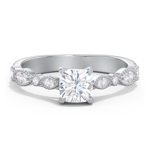 Vintage Diamond Ring with Milgrain Leaves and Accents – 14K White Gold with Lab Diamond