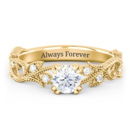 Vintage Leaf and Vine Solitaire Engagement Ring with Milgrain in 10K Solid Yellow Gold with 04LABDIAM-RD-0.50-VS2-F-VG and Lab Diamond