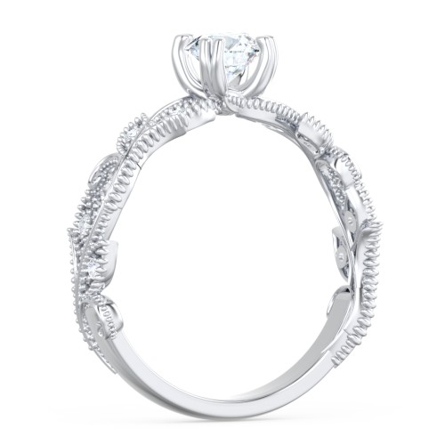 Vintage Leaf and Vine Solitaire Engagement Ring with Milgrain – 14K White Gold with Lab Diamond