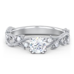 Vintage Leaf and Vine Solitaire Engagement Ring with Milgrain – 10K Yellow Gold with Lab Diamond