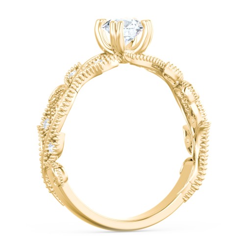 Vintage Leaf and Vine Solitaire Engagement Ring with Milgrain – 10K Yellow Gold with Lab Diamond