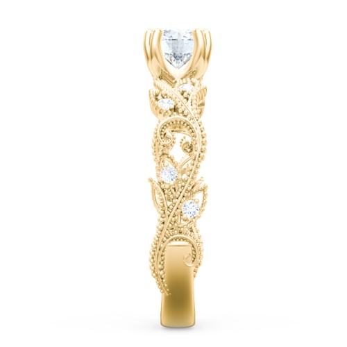 Vintage Leaf and Vine Solitaire Engagement Ring with Milgrain – 10K Yellow Gold with Lab Diamond