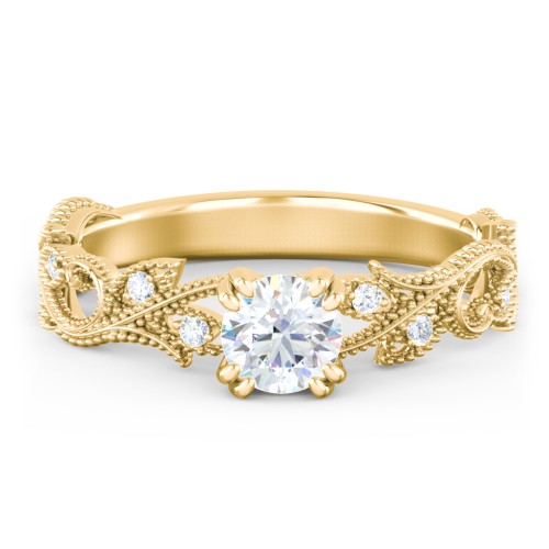 Vintage Leaf and Vine Solitaire Engagement Ring with Milgrain – 10K Yellow Gold with Lab Diamond