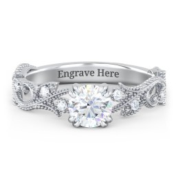 Vintage Leaf and Vine Solitaire Engagement Ring with Milgrain