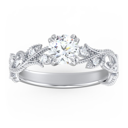 Vintage Leaf and Vine Solitaire Engagement Ring with Milgrain – 14K White Gold with Lab Diamond