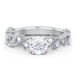 Vintage Leaf and Vine Solitaire Engagement Ring with Milgrain – 10K Yellow Gold with Lab Diamond