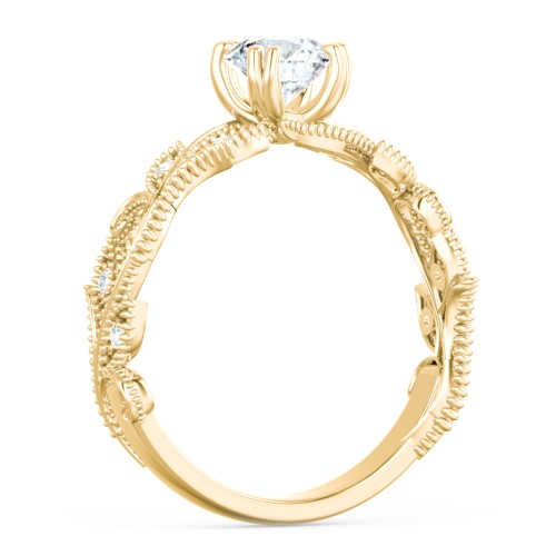 Vintage Leaf and Vine Solitaire Engagement Ring with Milgrain – 10K Yellow Gold with Lab Diamond
