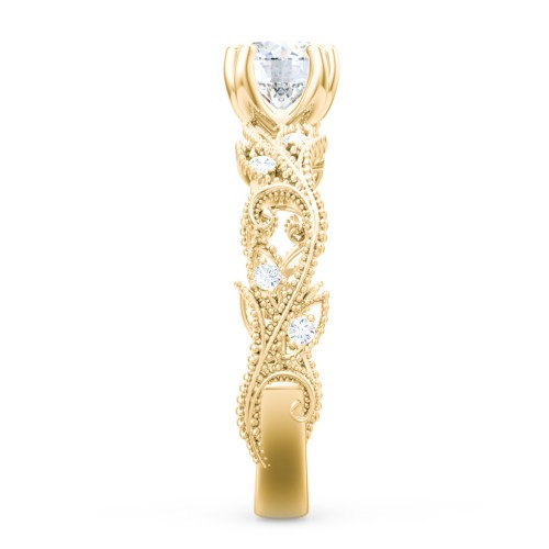 Vintage Leaf and Vine Solitaire Engagement Ring with Milgrain – 10K Yellow Gold with Lab Diamond