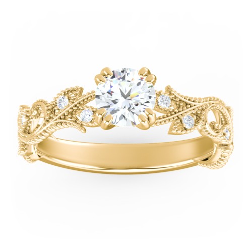 Vintage Leaf and Vine Solitaire Engagement Ring with Milgrain – 10K Yellow Gold with Lab Diamond