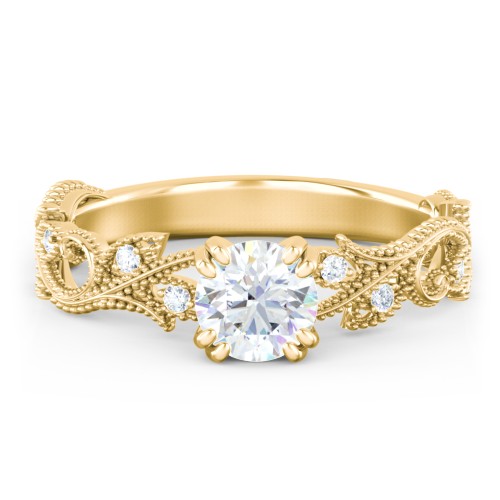 Vintage Leaf and Vine Solitaire Engagement Ring with Milgrain – 10K Yellow Gold with Lab Diamond