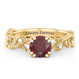 Vintage Leaf and Vine Solitaire Engagement Ring with Milgrain in 10K Solid Yellow Gold with 07RUBY-RD-1.00 and Lab Diamond