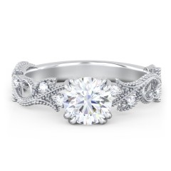 Vintage Leaf and Vine Solitaire Engagement Ring with Milgrain – 14K White Gold with Lab Diamond