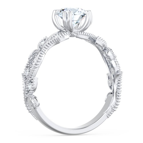 Vintage Leaf and Vine Solitaire Engagement Ring with Milgrain – 14K White Gold with Lab Diamond