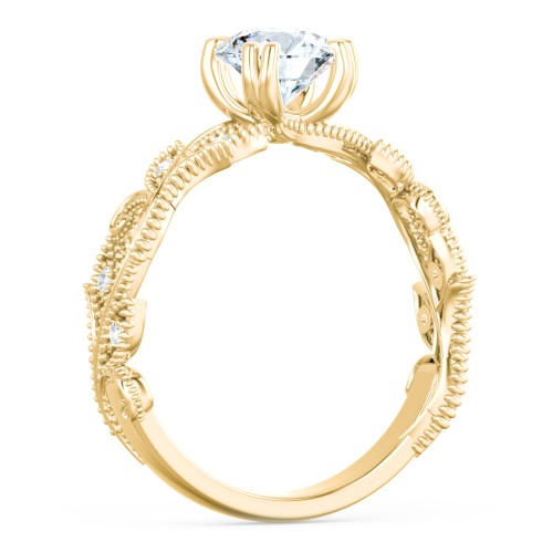Vintage Leaf and Vine Solitaire Engagement Ring with Milgrain – 10K Yellow Gold with Lab Diamond