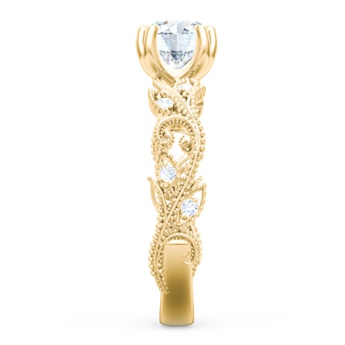 Vintage Leaf and Vine Solitaire Engagement Ring with Milgrain – 10K Yellow Gold with Lab Diamond