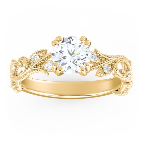 Vintage Leaf and Vine Solitaire Engagement Ring with Milgrain – 10K Yellow Gold with Lab Diamond
