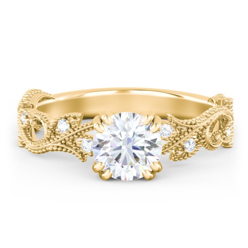 Vintage Leaf and Vine Solitaire Engagement Ring with Milgrain – 10K Yellow Gold with Lab Diamond