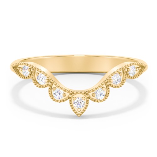 Vintage Curved Leaf Band with Diamond Accents – 10K Yellow Gold with Diamond