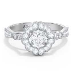 Vintage Solitaire Engagement Ring with Scalloped Halo and Leaf Band