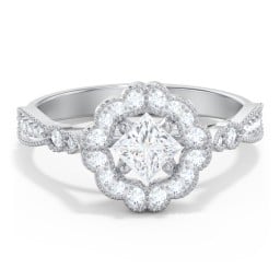 Vintage Solitaire Engagement Ring with Scalloped Halo and Leaf Band