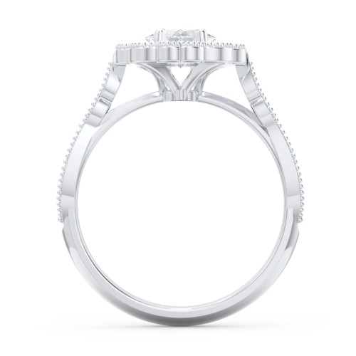 Vintage Solitaire Engagement Ring with Scalloped Halo and Leaf Band – 14K White Gold with Diamond