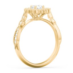 Vintage Solitaire Engagement Ring with Scalloped Halo and Leaf Band in 10K Solid Yellow Gold