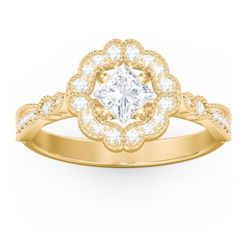 Vintage Solitaire Engagement Ring with Scalloped Halo and Leaf Band – 10K Yellow Gold with Diamond