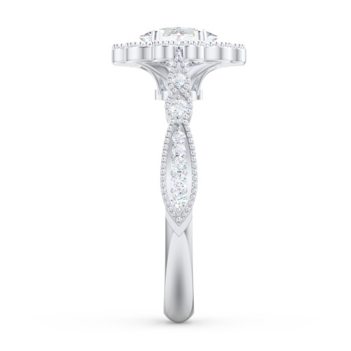 Vintage Solitaire Engagement Ring with Scalloped Halo and Leaf Band – 14K White Gold with Diamond