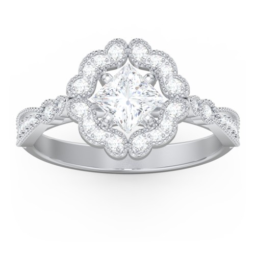Vintage Solitaire Engagement Ring with Scalloped Halo and Leaf Band – 14K White Gold with Diamond