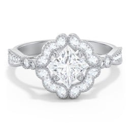 Vintage Solitaire Engagement Ring with Scalloped Halo and Leaf Band