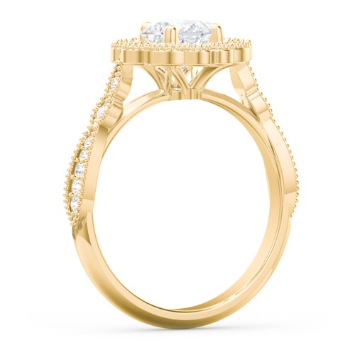 Vintage Solitaire Engagement Ring with Scalloped Halo and Leaf Band – 10K Yellow Gold with Diamond