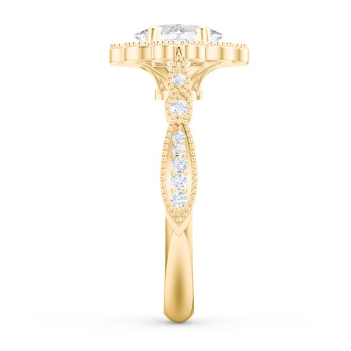 Vintage Solitaire Engagement Ring with Scalloped Halo and Leaf Band – 10K Yellow Gold with Diamond