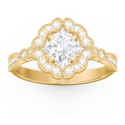 Vintage Solitaire Engagement Ring with Scalloped Halo and Leaf Band – 10K Yellow Gold with Diamond