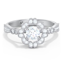 Vintage Solitaire Engagement Ring with Scalloped Halo and Leaf Band