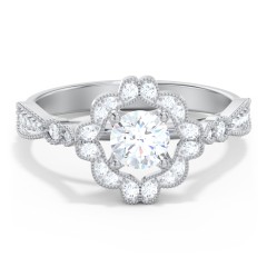 Vintage Solitaire Engagement Ring with Scalloped Halo and Leaf Band – 10K Yellow Gold with Diamond